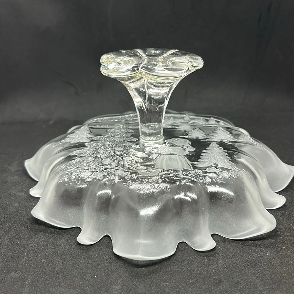 Mikasa Christmas Story Round Serving Canape Stand Platter Frosted Ruffled Edge.